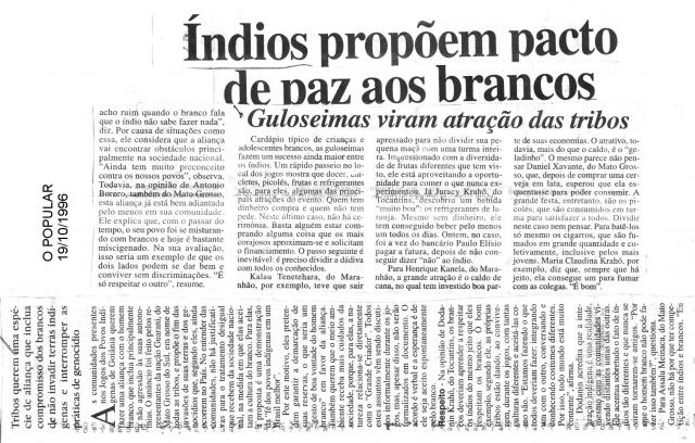 Indios propõem  pacto de paz aos brancos 19/10/1996