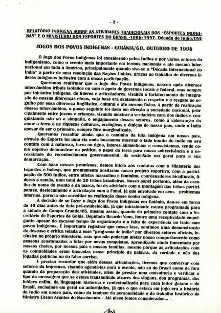 Relatório Indígena sobre as atividades tradicionais dos "esportes indígenas" e o Ministério dos esportes do Brasil