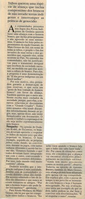 Índios propõem pacto de paz aos brancos  (texto) 19/10/1991