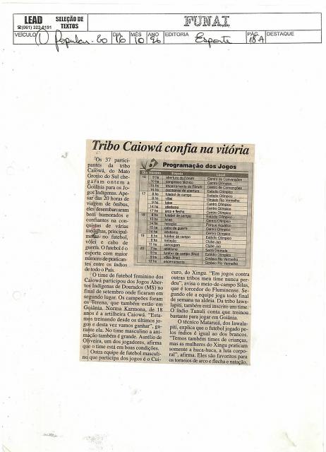 Tribo Caiowá confia na vitória 16/10/1996