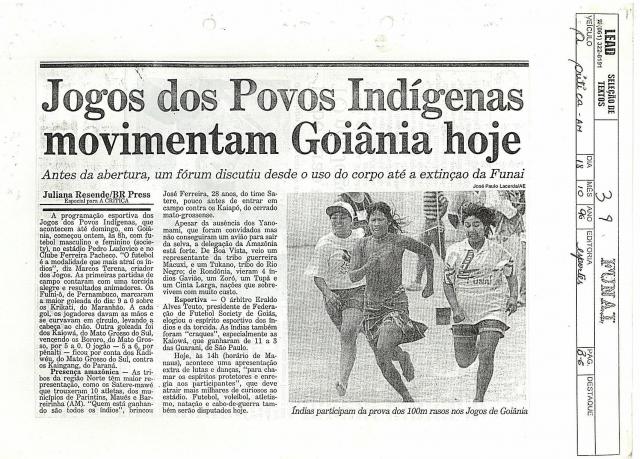 Jogos dos Povos Indígenas movimentam Goiânia hoje 18/10/1996