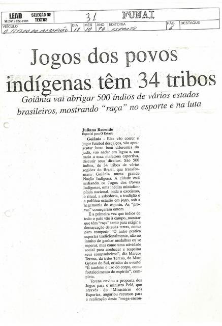 Jogos dos Povos Indígenas têm 34 tribos 18/10/1996