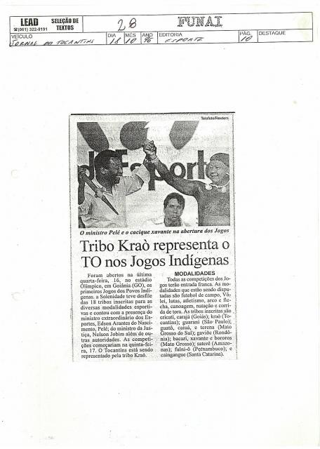 Tribo Krao representa TO nos Jogos Indígenas 11/10/1996