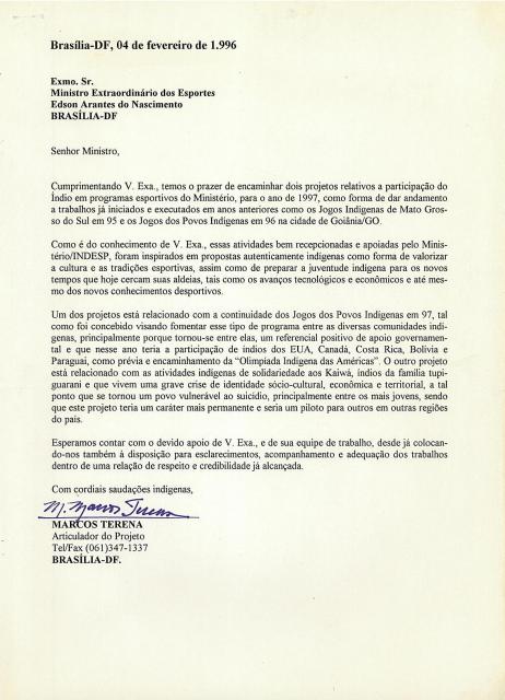 Carta ao Ministro Extraordinário dos Esportes 04/02/1996