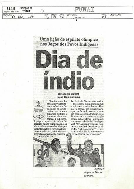 Uma lição de espirito Olímpico dos Jogos dos Povos Indígenas 21/10/1996