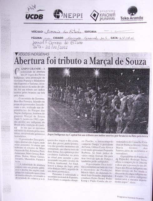 Abertura foi tributo a Marçal de Souza 21/10/2001