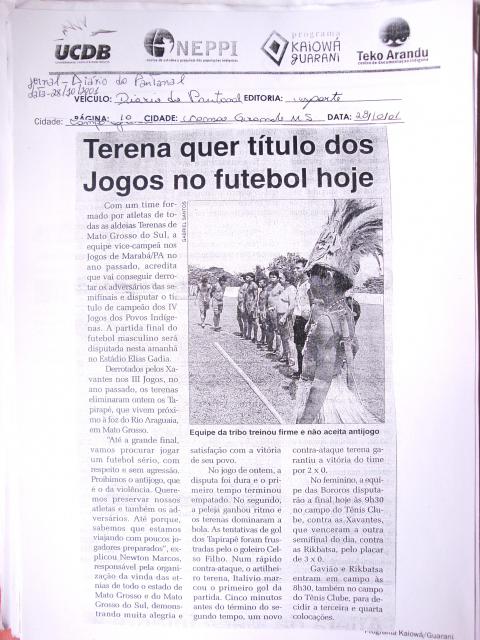 Terena quer título dos Jogos no futebol  hoje 28/10/2001