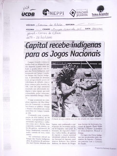 Capital recebe indígenas para os Jogos Nacionais 18/03/2000