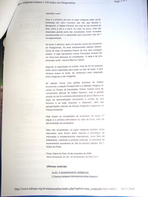 Jogos Indígenas reúnem 1300 índios em Parafominas (Página 02)- 06/11/2009