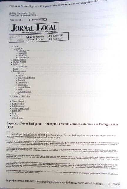 Jogos dos Povos Indígenas - Olimpíada Verde começa este mês em Paragominas (PA) - 10/11/2009