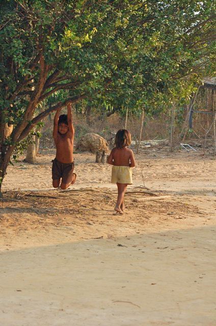 Crianças indígenas brincando em árvore