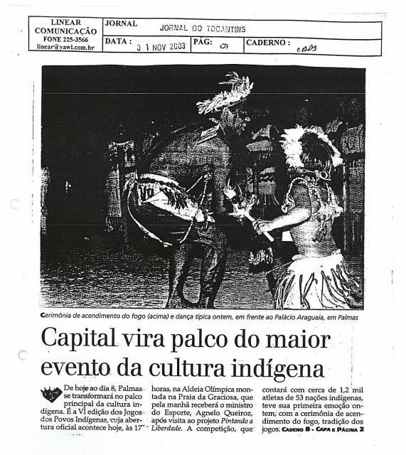 Capital vira palco do maior evento da Cultura Indígena  01/11/2003