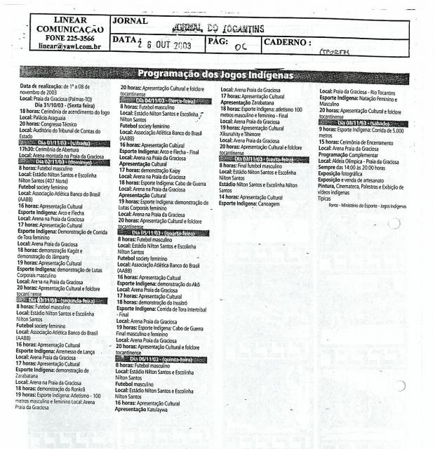 Programação dos Jogos Indígenas 26/10/2003